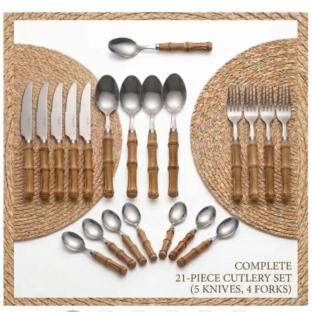 21pc Natural Bamboo Handle Flatware Set Stainless Steel Tiki Boho Silverware